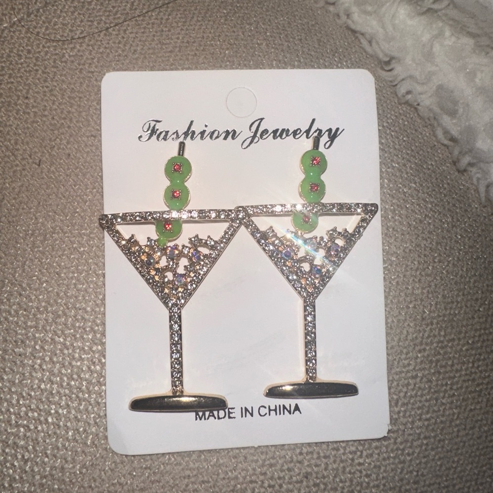 Dirty martini rhinestone glass Olive earrings